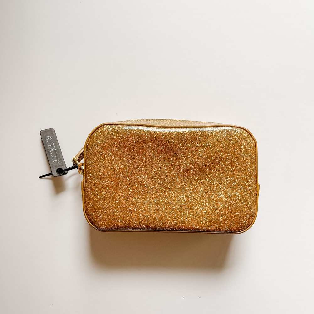 J Crew Glitter Golden Pouch - Gold Glitter Sparkle Makeup, Clutch, Organization